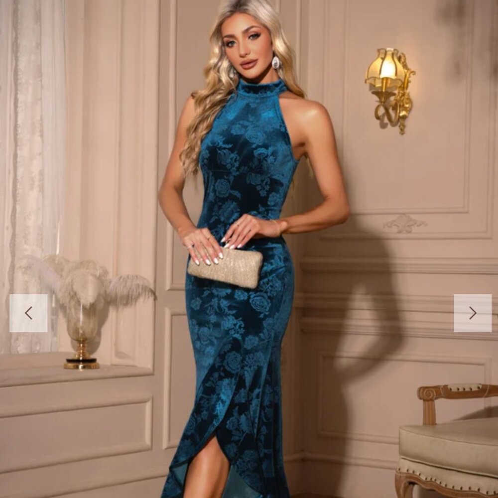 JJ's House Floral Velvet Ruffle Hem Halter Neck Gown in Teal, Size M